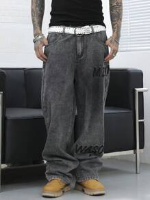 Manfinity Denimwave Men Casual Washed Letter Embroidered Baggy Jeans, Plain Long Dark Jeans Baggy Dark Grey Washed Cargo Jeans, For Husband, Boyfriend Gifts Going Out Hang Out Commute Street Work, Emo Style - Black - View 1