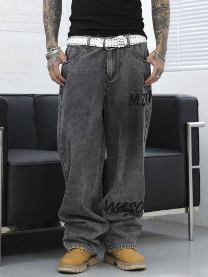 Manfinity Denimwave Herr Casual Tvättade Bokstav Broderade Baggy Jeans, Enfärgade Långa Mörka Jeans Baggy Mörkgrå Tvättade Cargo Jeans, För Make, Pojkvän Presenter Utekväll Hänga Pendling Gataarbete, Emo Style