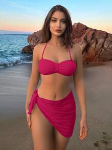 SHEIN Swim 女士纯色吊带侧系带性感比基尼套装带罩衫纱笼裙，夏季海滩 - 紅色 - 查看 4