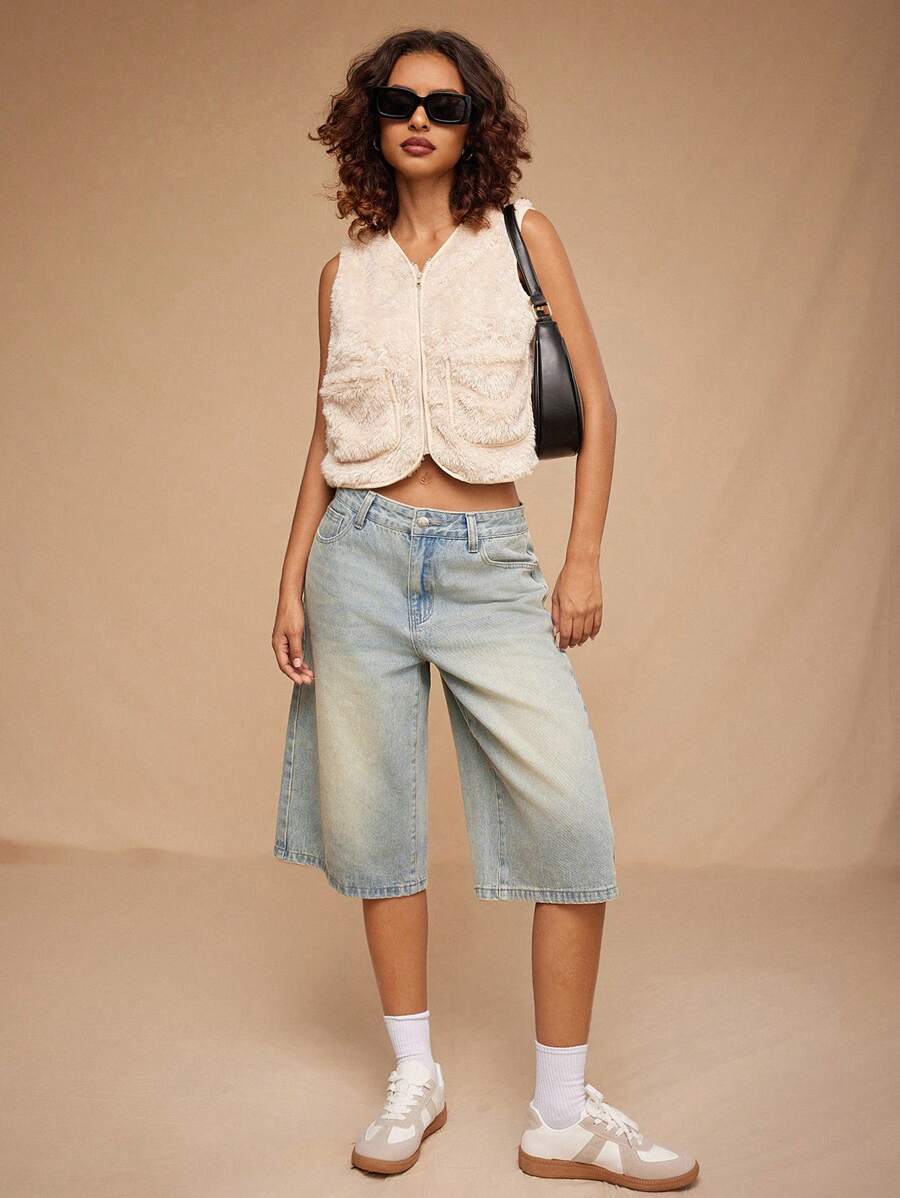 Forever 21 Damen Beige Ausgeh-/Gemütlicher/Einfacher/Reißverschluss/Süßer Kurzer/Teddy Mantel Top für Herbst & Winter - Beige - Übersicht 1