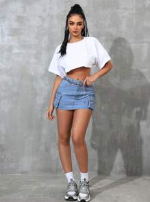 SHEIN ICON Women Solid Color Simple Casual Mini Denim A-Line Skirt With Pockets - Blue - View 4