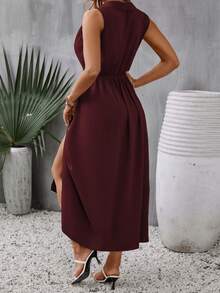 Franclia Plus Size Cổ Chữ V Không Tay Xẻ Eo Đầm Thanh Lịch Duyên Dáng Quyến Rũ - Màu Tím - Xem 2