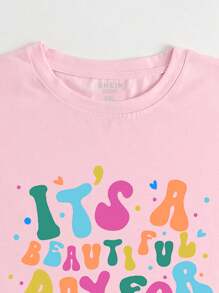 SHEIN LUNE 休闲简约“这是美好的学习日”口号印花圆领粉色短袖修身大码女式 T 恤，夏季 - 粉色 - 查看 3