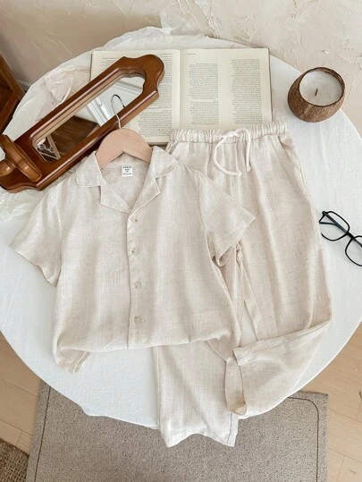 SHEIN LMoss Kids Young Boy Casual Enfärgad kortärmad skjorta och byxor Andas bekväma outfits utan T-shirt