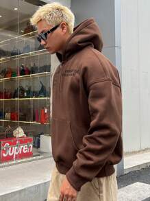 DAZY Men's Letter Print Hooded Sweatshirt, Autumn Quarter Zip Men - Brown - View 7