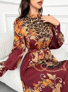 Modelyn Burgundy Red Women's Printed Single-Breasted Long Sleeve Arabic Style Dress Long Evening Dresses