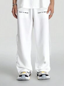 Manfinity VCAY Calça de Moletom Reta com Estampa Inglesa, Caimento Solto, Para Homens