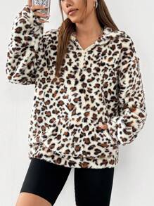 SHEIN EZwear 豹纹袋鼠口袋落肩连帽双面泰迪羊毛卫衣 - 卡其色 - 查看 4