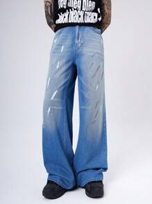 Manfinity Denimwave 男士复古水洗宽松牛仔裤，纯蓝色宽牛仔裤长款破洞牛仔裤，适合丈夫、男朋友的礼物 - 中等水洗藍 - 查看 3