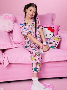 HELLO KITTY AND FRIENDS | SHEIN 少女卡通印花翻领短袖衬衫和长裤舒适睡衣套装 - 粉色 - 查看 9