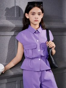 Tween Girl 纯色休闲短袖上衣和长裤套装，日常装扮