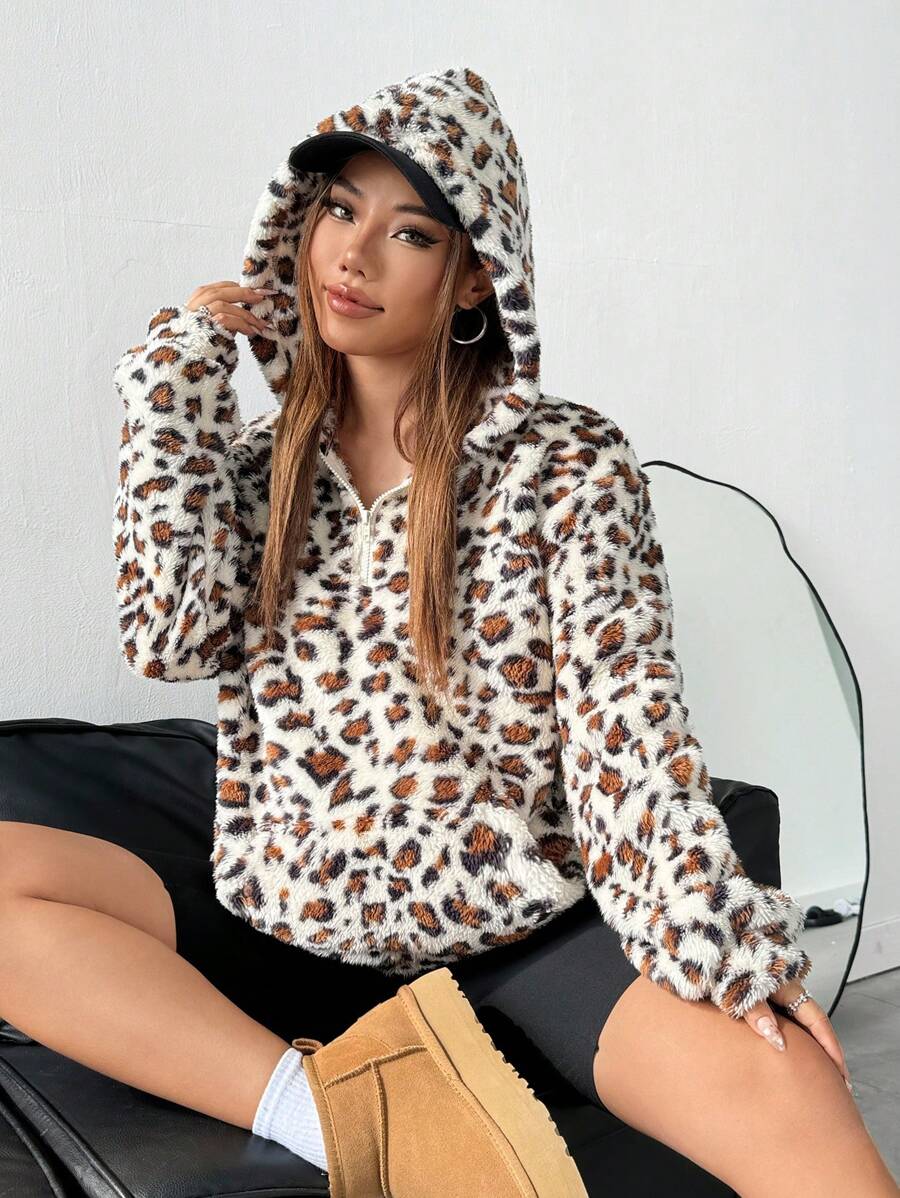 SHEIN EZwear 豹纹袋鼠口袋落肩连帽双面泰迪羊毛卫衣 - 卡其色 - 查看 1