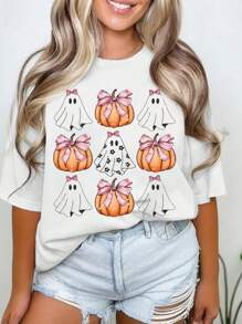 SHEIN LUNE Plus Size Pumpkin Print Round Neck Short Sleeve Casual Top - White - View 1