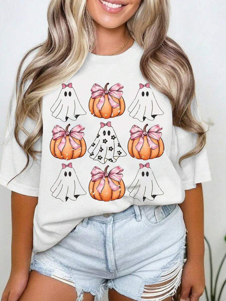 SHEIN LUNE Plus Size Pumpkin Print Round Neck Short Sleeve Casual Top - White - View 1
