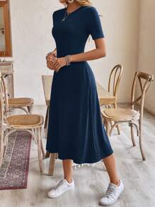 SHEIN Frenchy Women Earthy Clothes Work Women Dresses Mother Day Dress Casual Short-Sleeve Round Neck Summer Black Long Dress,Commute,Office,Old Money,Simple,Minimalist,