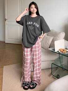 DAZY 字母装饰宽松上衣和格子裤家居服套装