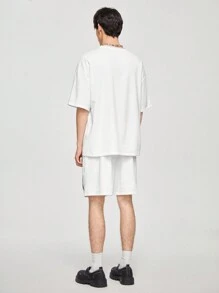 Manfinity Hypemode Men's Slogan Print Round Neck Drop Shoulder T-Shirt & Drawstring Waist Shorts Set, Summer - White - View 2