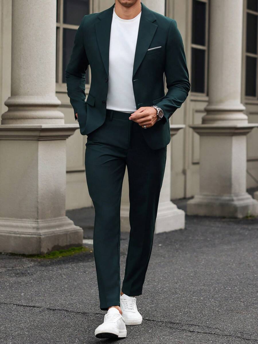 Manfinity Mode Men's Lapel Neck Long Sleeve Suit Jacket And Pants Business Casual 2-Piece Set, Spring & Fall, Men Green Suit, Hunter Green Men Suit, Men Casual Suits - Dark Green - View 1