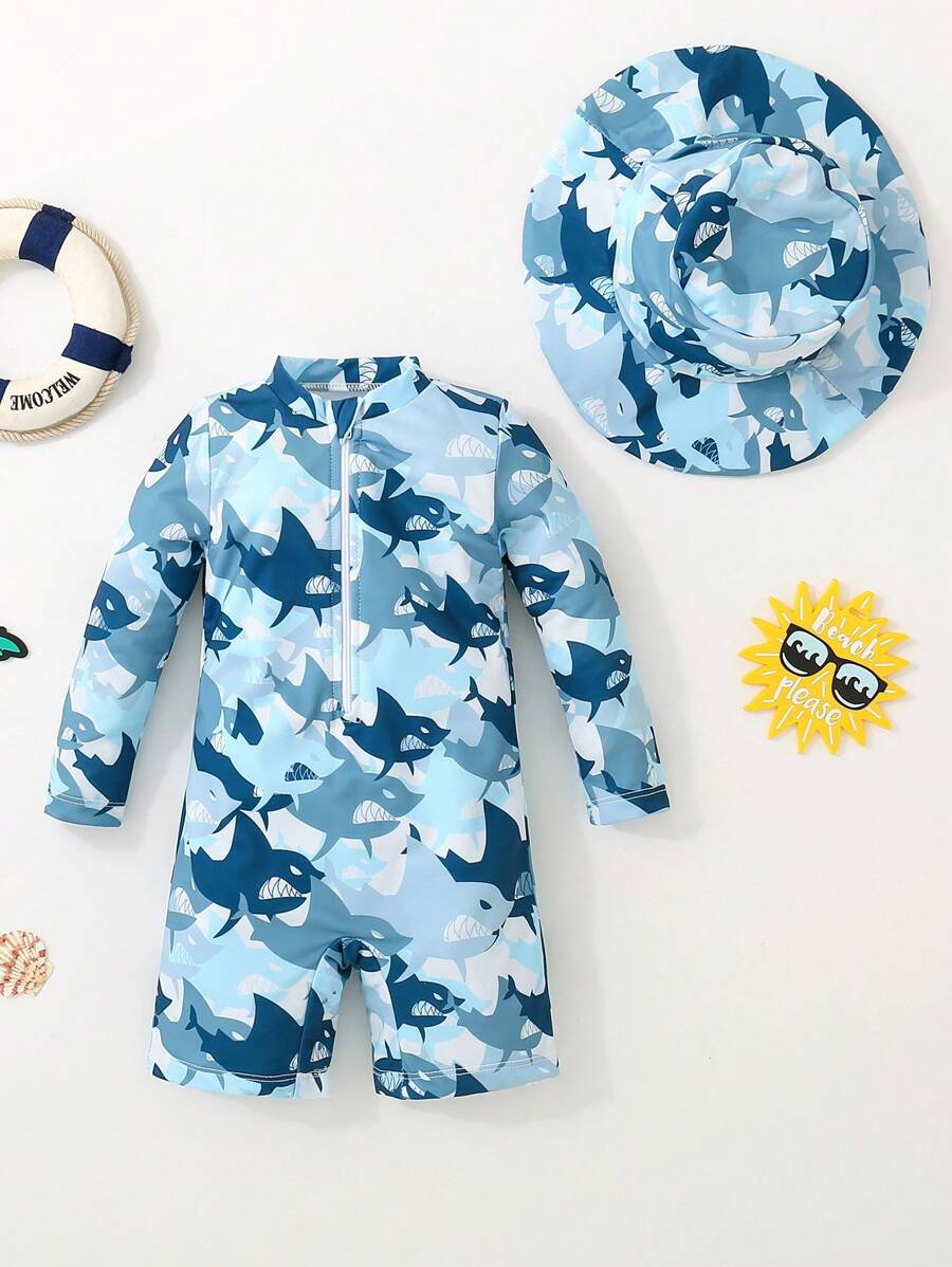 Baby Boys' Shark Print Long Sleeve One-Piece Swimwear - Multicolor - View 1