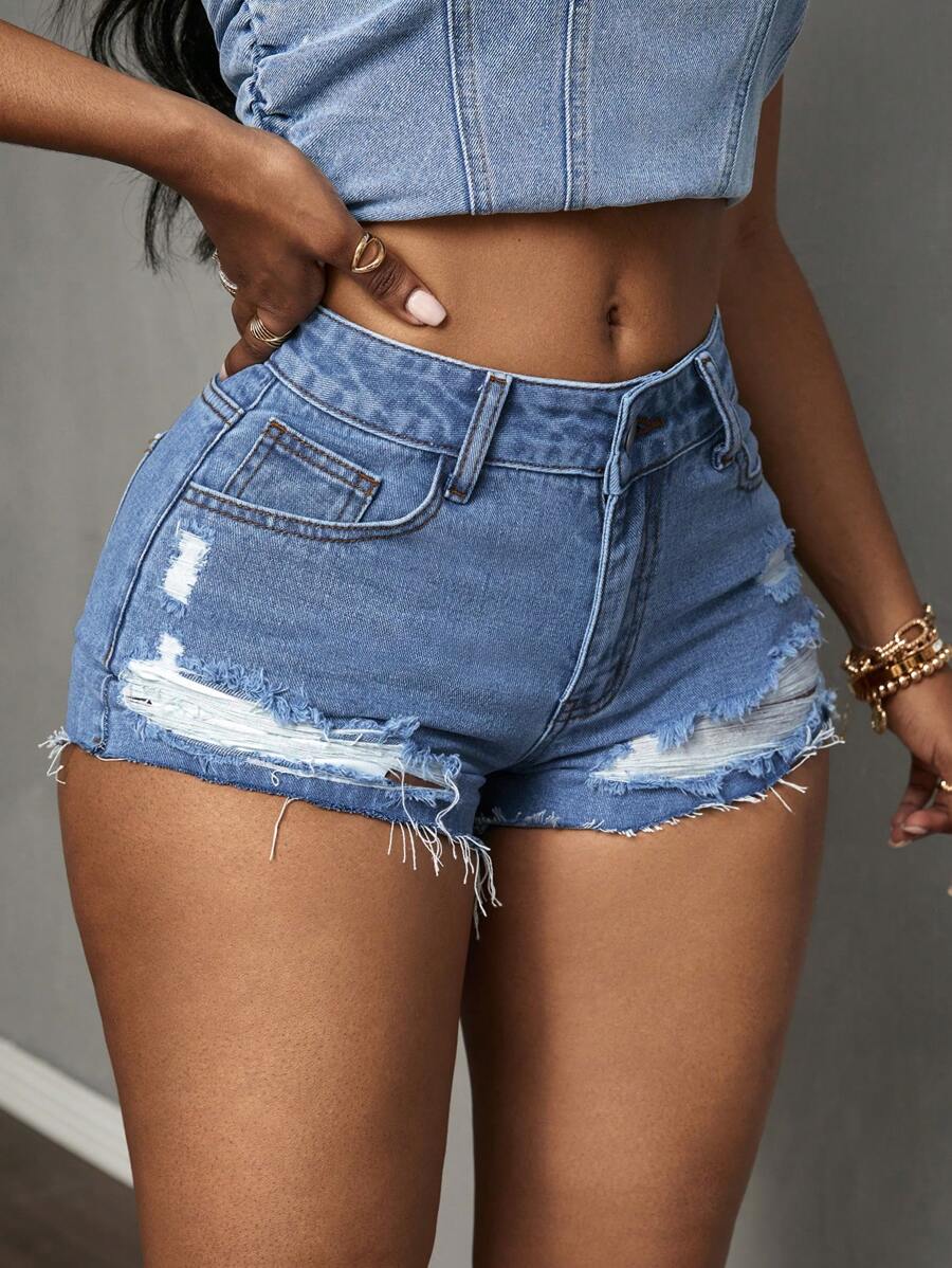 Slaydiva Women Distressed Raw Hem Denim Shorts With Pockets - Medium Wash - View 1