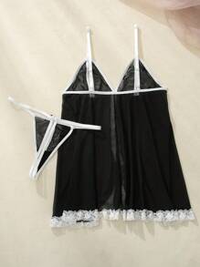 SHEIN Women's Lace Patchwork Sheer Cami Nightgown And G-String Lingerie Set - Black and White - View 2