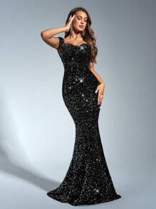 SHEIN Belle 亮片高腰背心裙长裙鱼尾优雅女士连衣裙婚礼宾客夏季长款女士连衣裙 - 銀色 - 查看 4