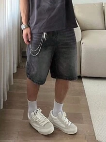 Claim Dot 男士夏季休闲水洗阔腿牛仔短裤宽松深灰色牛仔短裤，适合老公、男朋友的礼物 - 灰色 - 查看 3