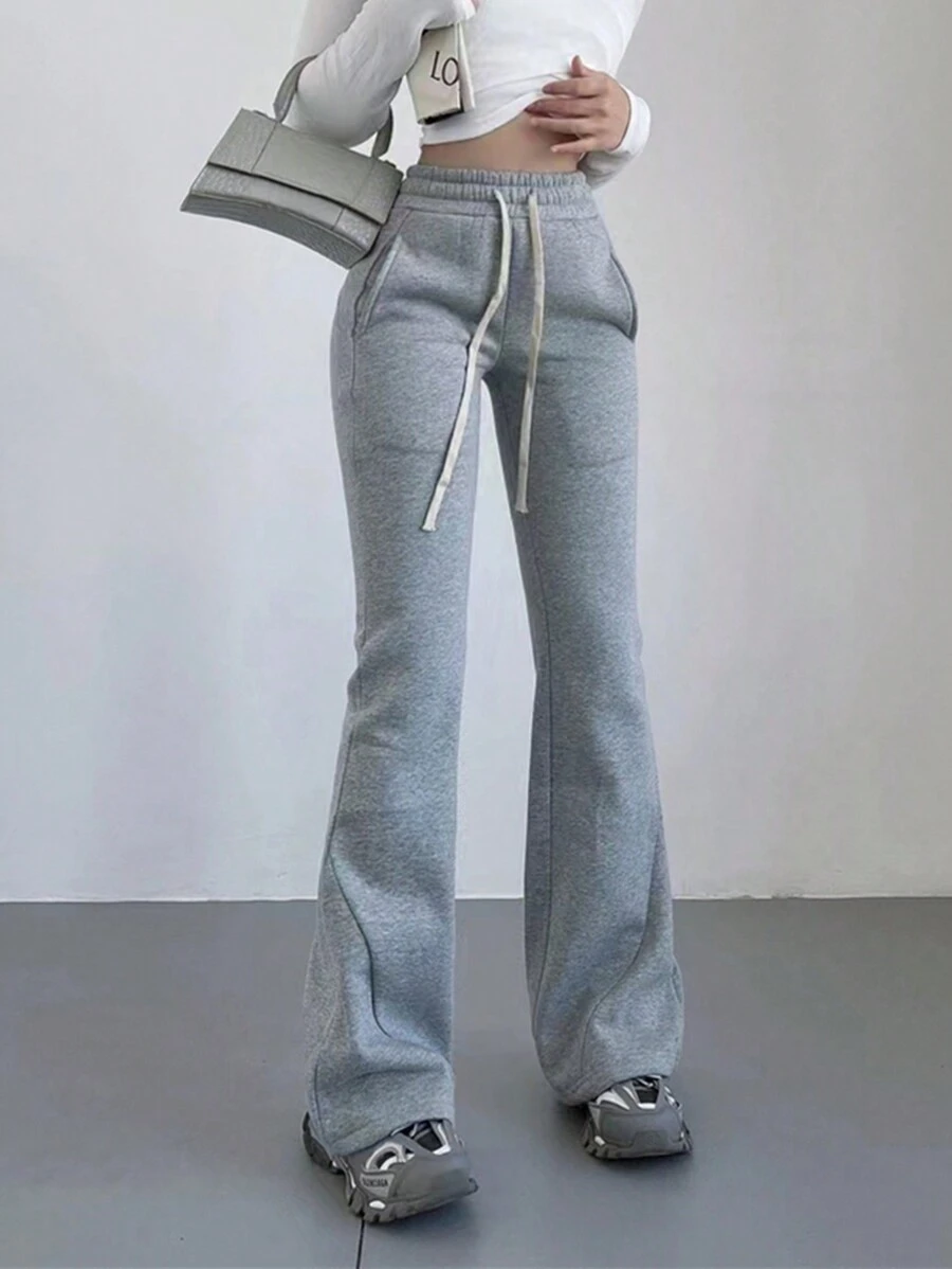 INAWLY Solva 女士纯色抽绳口袋休闲直筒运动裤 - 深灰色 - 查看 1