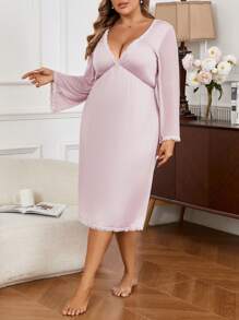 Camisón elegante de manga larga con escote en V y panel de encaje para mujeres de tallas grandes - Rosa vieja - Ver 5