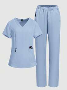 TaskEZ 2-delig verpleegsteruniform met V-hals, korte mouw en broek, damesscrubsset, effen kleur