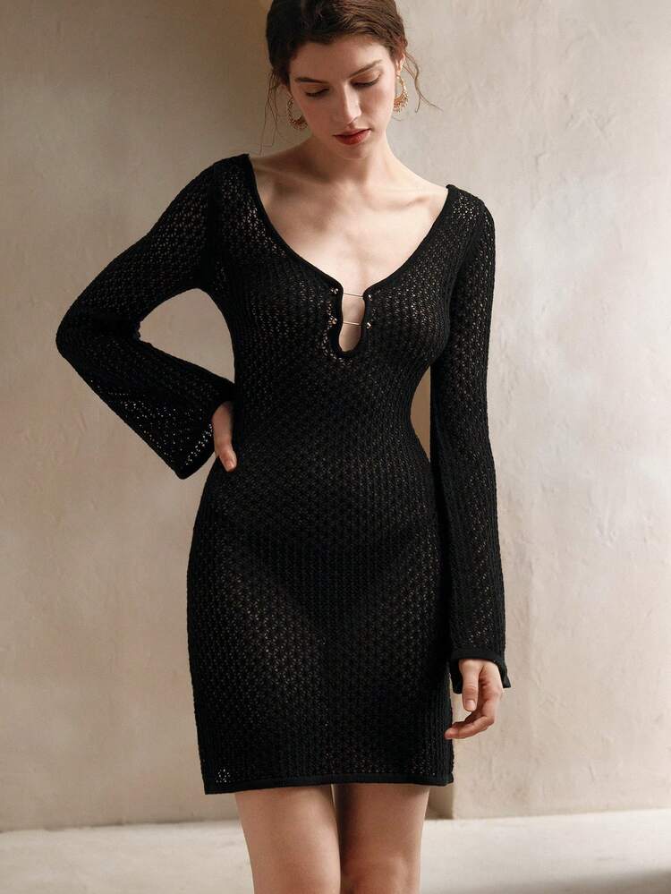 Women's Plain And Simple Knitted Long Sleeve Dress, Casual