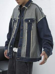 Manfinity EMRG 男士休闲撞色拼布磨边牛仔夹克，春季和秋季 - 深色水洗藍 - 查看 3