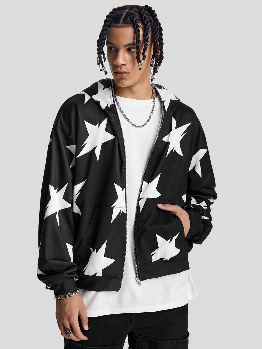 Manfinity VCAY Sudadera con capucha de manga larga con estampado digital de estrella de corte holgado para hombre, ropa de Halloween, para otoño e invierno - Blanco y Negro - Ver 1