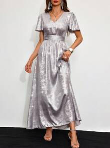 SHEIN Clasi 女士优雅派对礼服，V 领喇叭袖，露背，收腰，喇叭形，纯色，金属涂层面料，适合秋季 - 銀色 - 查看 5