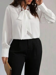SHEIN Unity Plus Tie Neck Solid Blouse - White - View 6