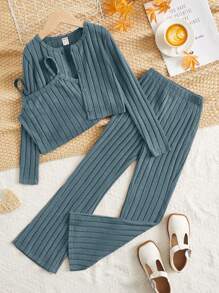 SHEIN Tween Girls Knitted Ribbed Cardigan, Camisole Top And Pants Casual Outfit