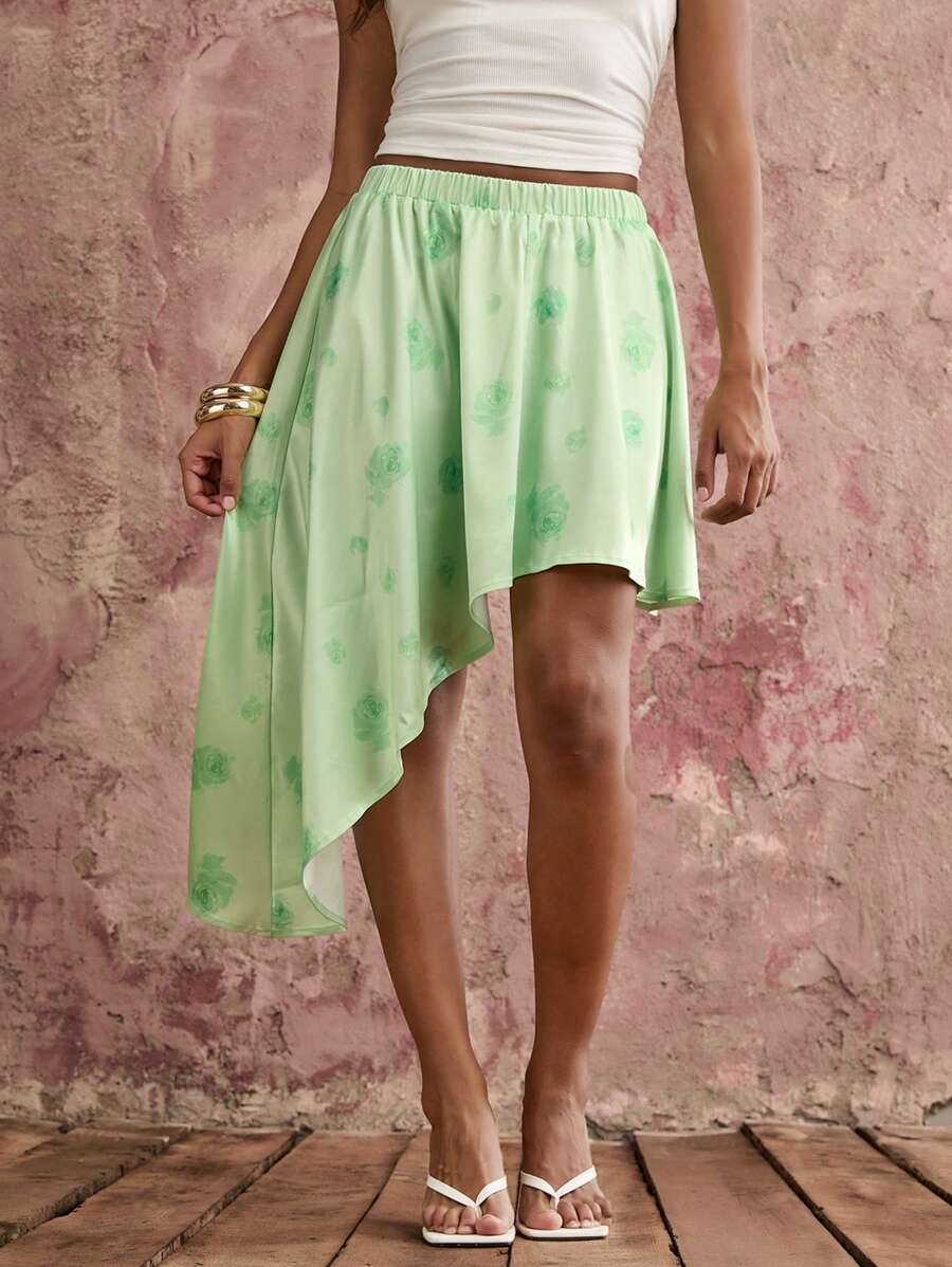 COSMINA 女士全印花不对称下摆休闲裙，假日 - 青檸色 - 查看 1