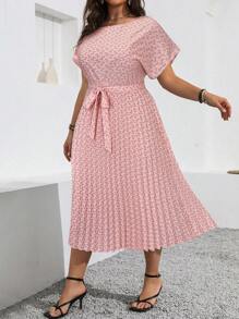 EMERY ROSE 大码波西米亚风夏季休闲全身印花蝙蝠袖褶边连衣裙女装 - 粉色 - 查看 3