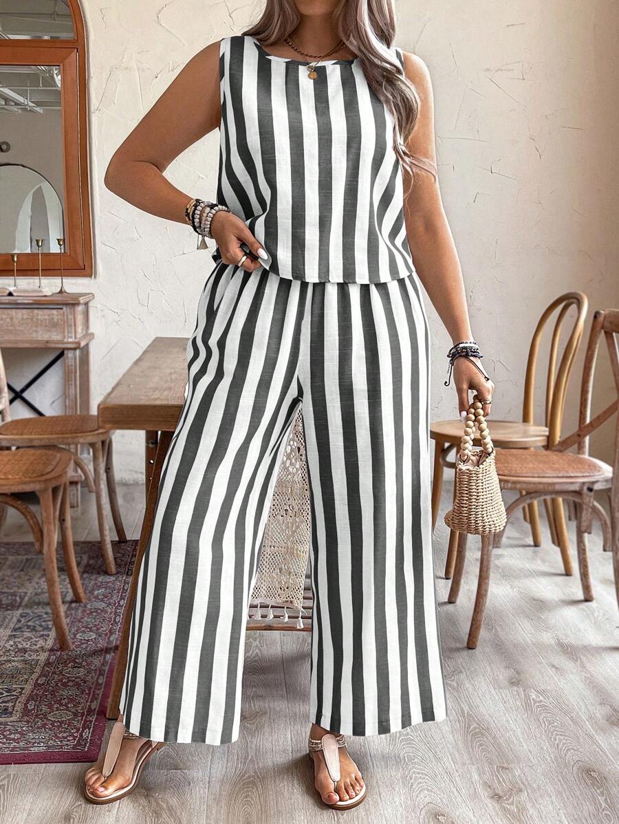 SHEIN Clasi 2pcs Plus Size Casual Button-Front Sleeveless Top And Pants Set - Black - View 1