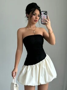Selianne Abito corto elegante estivo con contrasto di colori, senza spalline, con peplum e vita bassa - nero - Visualizzare 4