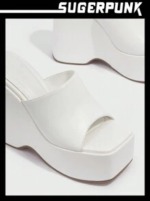 Sugerpunk Women Shoes Squar Toe Thick Sole Minimalist Wedge Slide Outdoor White Sandals For Summer Back To School Shoes College Student Shoes Y2k Punk Cool Street Sporty Christmas Fall New Year Holiday Valentines
