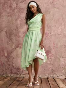 COSMINA Women's Sleeveless Asymmetrical Hem Floral Print Dress, Casual Vacation - Lime Green - View 7