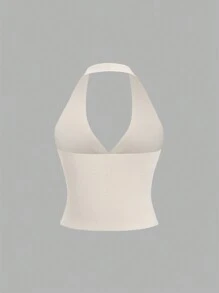 Sweetra Women Plain Simplistic Halter Neck Knitted Top For Everyday Wear - Yellow - View 2