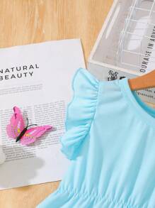 2 piezas Conjunto de 2 piezas con parte superior de manga abullonada con cuello redondo cómoda y pantalones con diseño desgastado de estampado de mariposa para niñas jóvenes