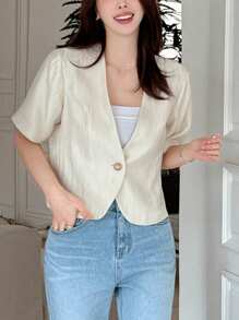 DAZY Solid Color V-Neck Short Sleeve Fitted Blouse For Women