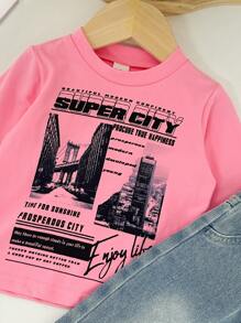 Baby Girl Round Neck Scenery City Printed Long Sleeve T-Shirt And Solid Color Jeans Casual Outfit Set