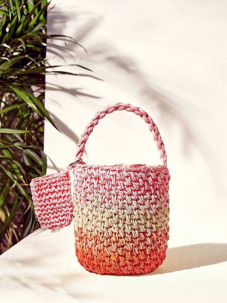 SHEIN VCAY 女士編織草織度假野餐提手包 - 彩色 - 查看 1