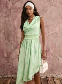 COSMINA Women's Sleeveless Asymmetrical Hem Floral Print Dress, Casual Vacation - Lime Green - View 4