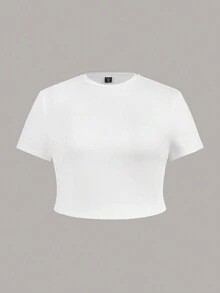 SHEIN ICON 休閒極簡百搭圓領短袖修身短版女款T恤，適合夏季 - 白色 - 查看 1