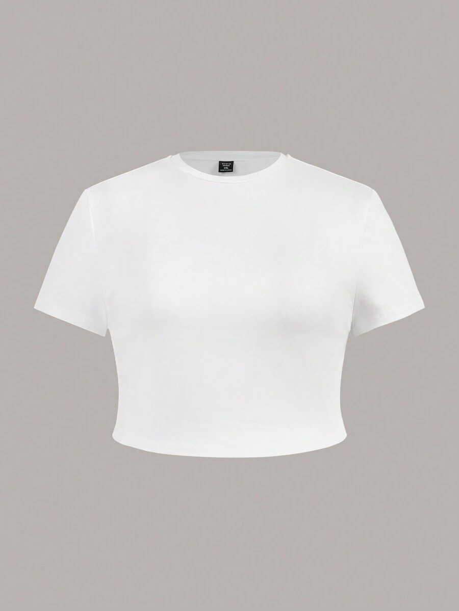 SHEIN ICON 休閒極簡百搭圓領短袖修身短版女款T恤,適合夏季 - 白色 - 查看 1